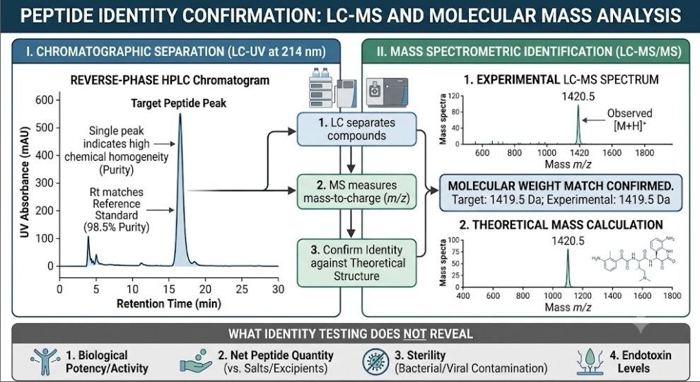 : What does peptide identity testing confirm using LC-MS and molecular mass analysis