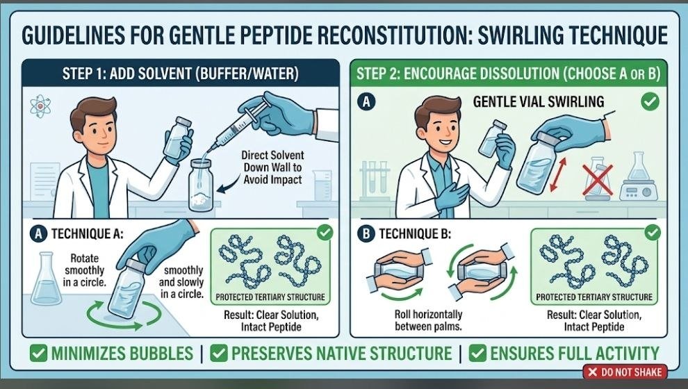 Should You Swirl or Shake Peptides After Mixing? 7 Powerful Reconstitution Tips should you swirl or shake peptides after mixing: Gentle peptide reconstitution technique showing swirling instead of shaking