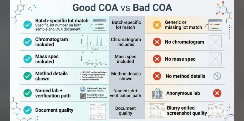 Batch-specific peptide COA showing lot-to-COA traceability and laboratory testing