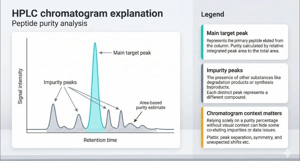 batch-specific peptide COA: HPLC chromatogram and LC-MS data used to verify peptide purity and identity