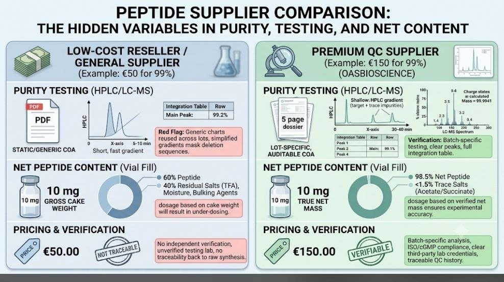 Peptide Price Differences: 9 Powerful Reasons the “Same” Peptide Can Cost 10× More Peptide price differences: Peptide supplier comparison showing purity testing net peptide content and pricing