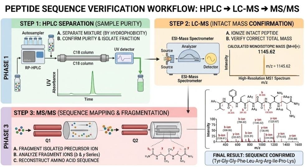 Peptide Sequence Verification: 7 Powerful Reasons It Matters for Research-Grade Peptides peptide sequence verification: HPLC purity compared with peptide sequence verification using mass spectrometry