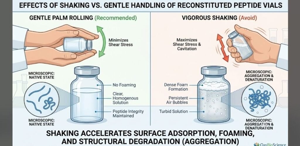 What Happens If You Shake Peptides? 9 Powerful Facts to Prevent Peptide Handling Damage In 2026 what happens if you shake peptides: Shaking reconstituted peptides causing foam and air bubbles